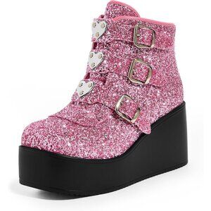 WomenPink/Black Glitter Polyurethane Rave Buckle Thick Sole Platform Ankle Boots